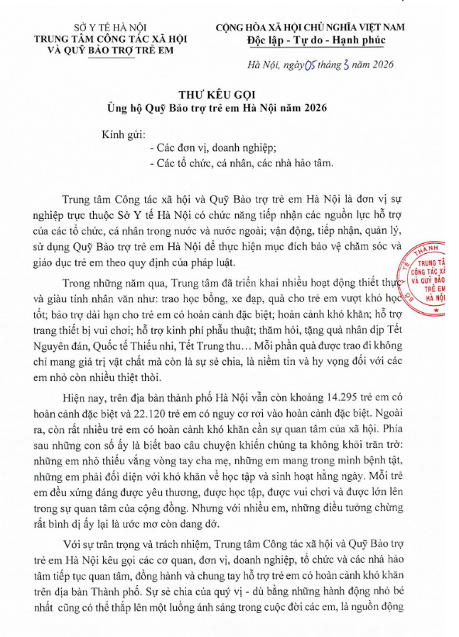 Read more about the article Thư kêu gọi ủng hộ Quỹ Bảo trợ trẻ em Hà Nội năm 2026